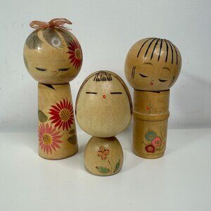 Share Lot of 3 Vintage Wood Kokeshi Dolls 5-4" Vintage